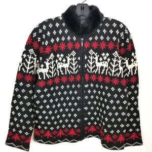 VTG Designer Studio Cardigan Sz S Fair Isle Reindeer Faux Fur Zip Black Wool